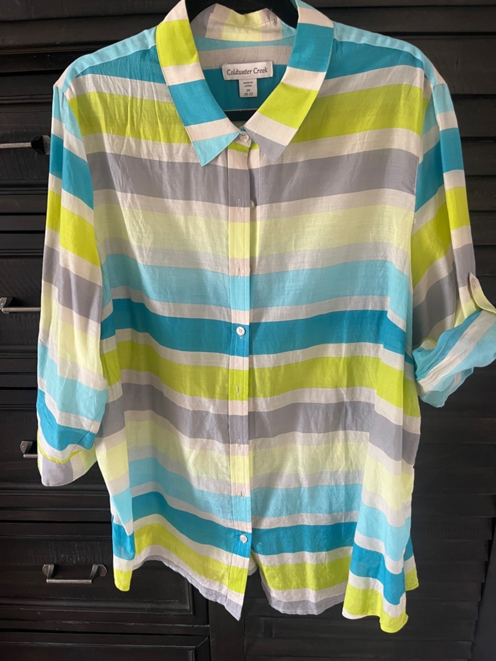 Coldwater Creek Aqua, Lime & Gray Striped Button-Up Shirt